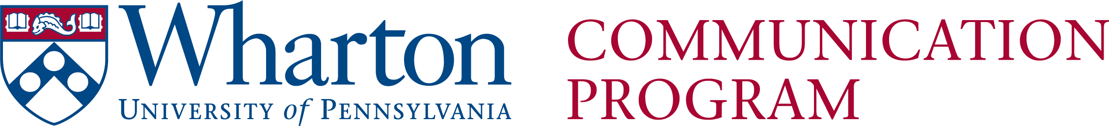 Logo of the Wharton University of Pennsylvania Communication Program, featuring the university''s emblem and program title in blue and red text.